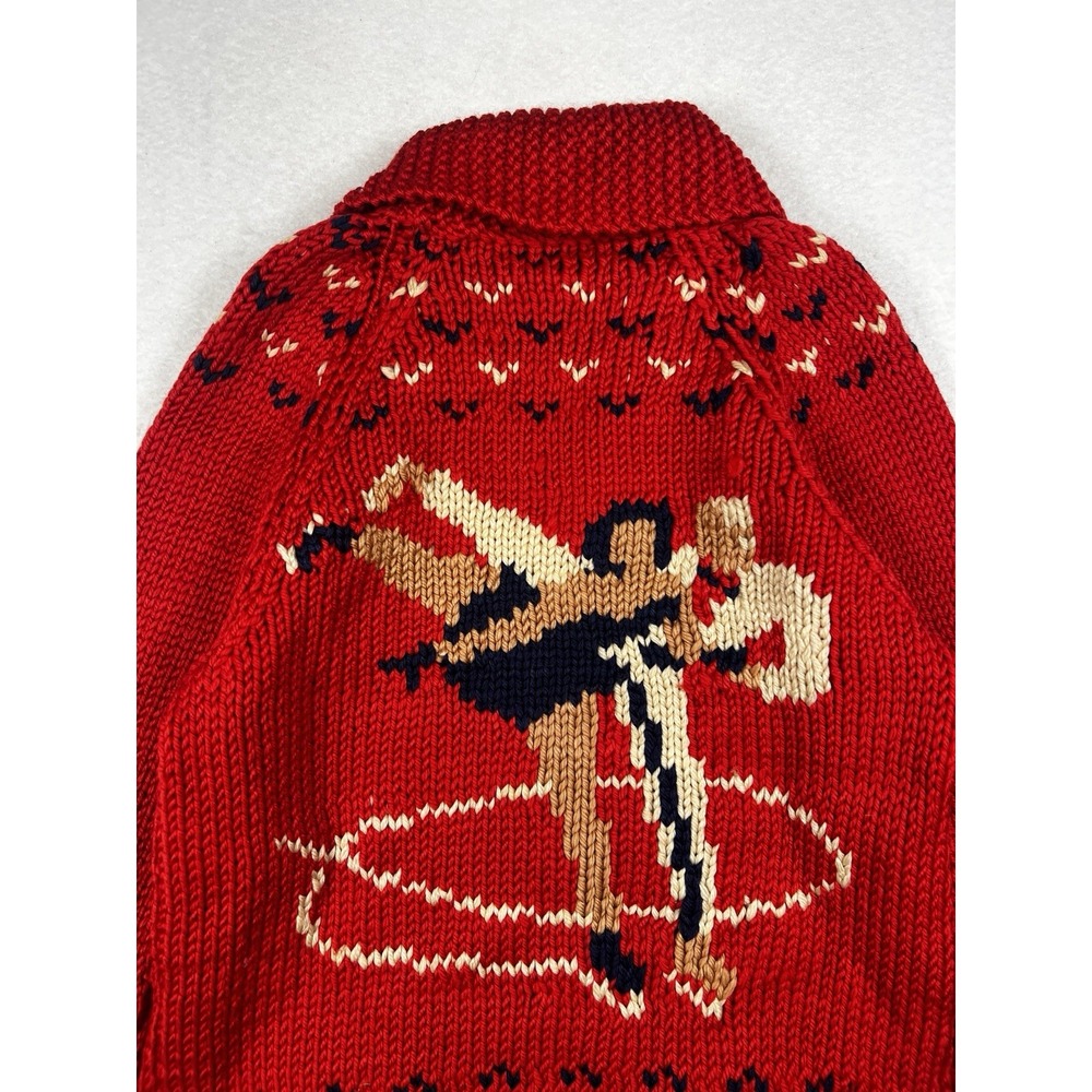 Vintage Mary Maxim Cowichan Figure Skating, Wool, Hand Knit Red Zip Up Sweater - Picture 10 of 16